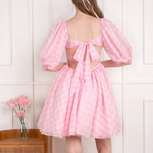 Pink ginham puff sleeve dollhouse mini dress - Picture 6 of 9